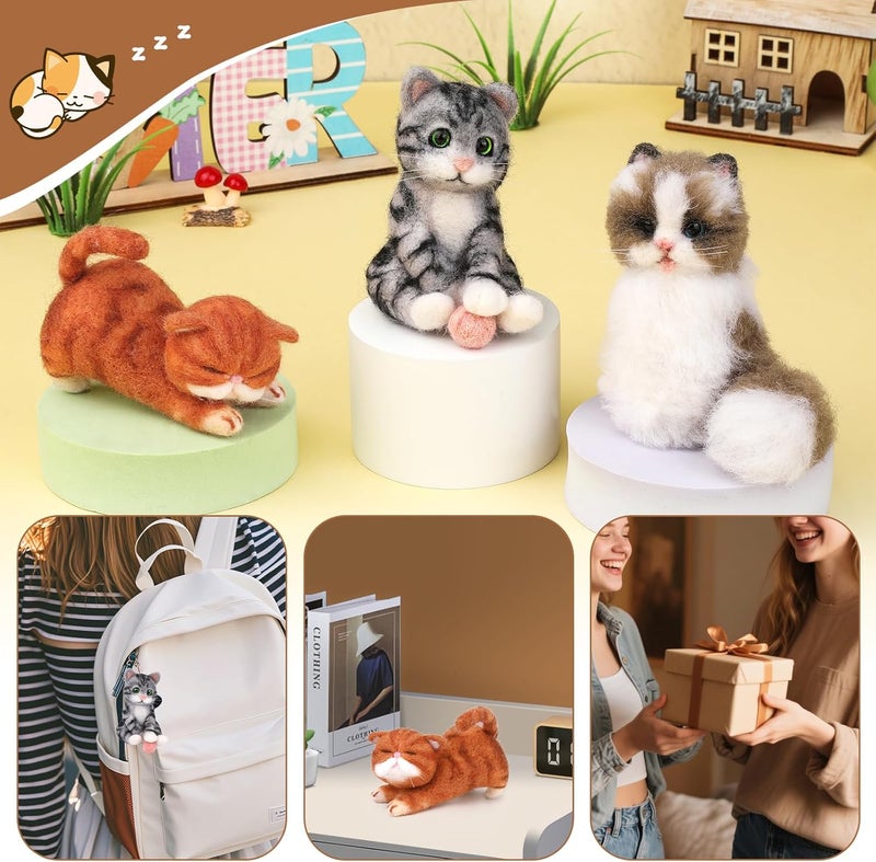 Mayboos Needle Felting Kit, 3 PCS Cat Animal Needle Felting Beginner Kits Wool Felt Needle Felting Tools with Instruction for DIY Craft Animal Home Decoration - Image 3